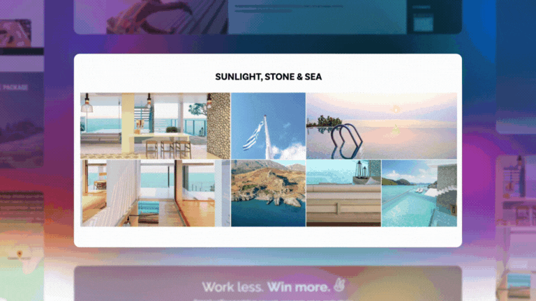 Animated GIF showing a Proposaly interactive carousel feature, cycling through different client logos and case study highlights.