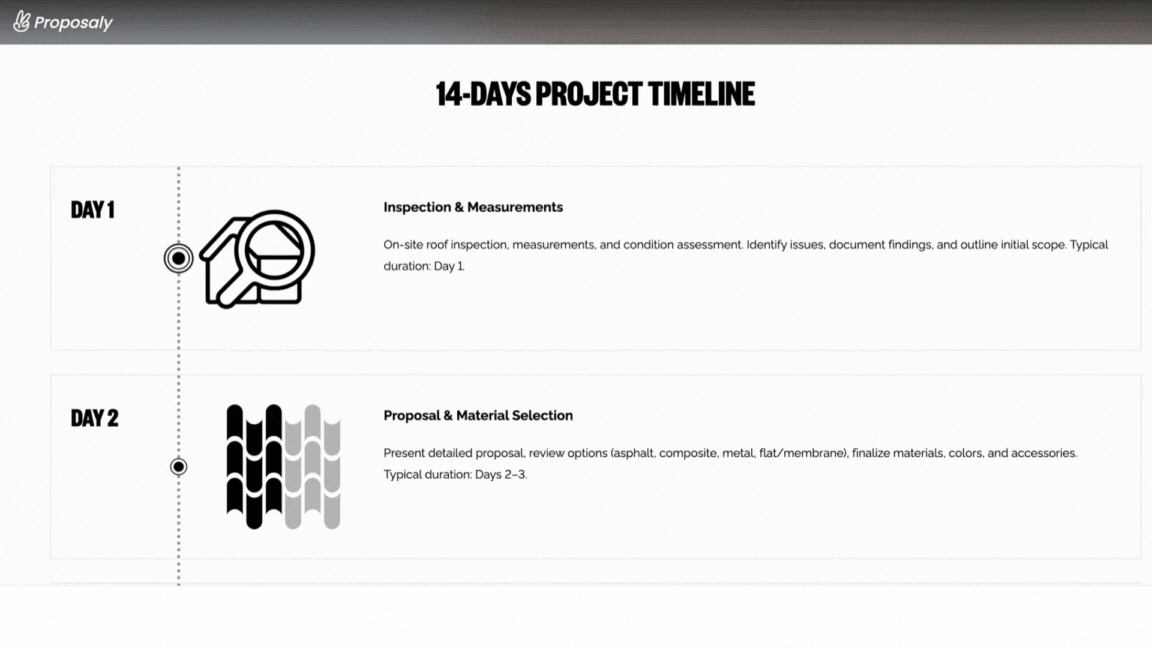Animated GIF showing a Proposaly construction project timeline, scrolling through milestones like Inspection, Material Selection, Installation, and Final Walkthrough.