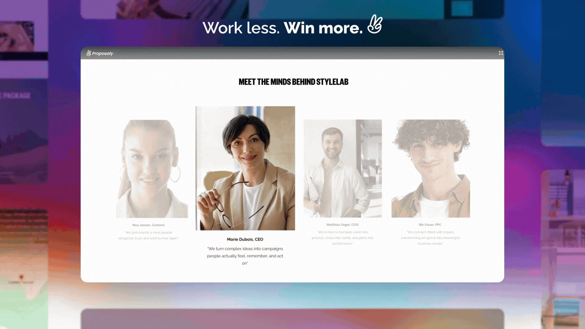 Animated GIF displaying a "Meet the Team" section in a Proposaly proposal, featuring professional headshots, roles, and an interactive video introduction for the agency's CEO.